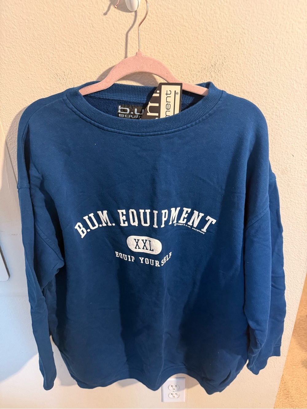 Vintage B.U.M. Equipment Blue Logo Sweatshirt Mens L 90s Spell Out USA Casual